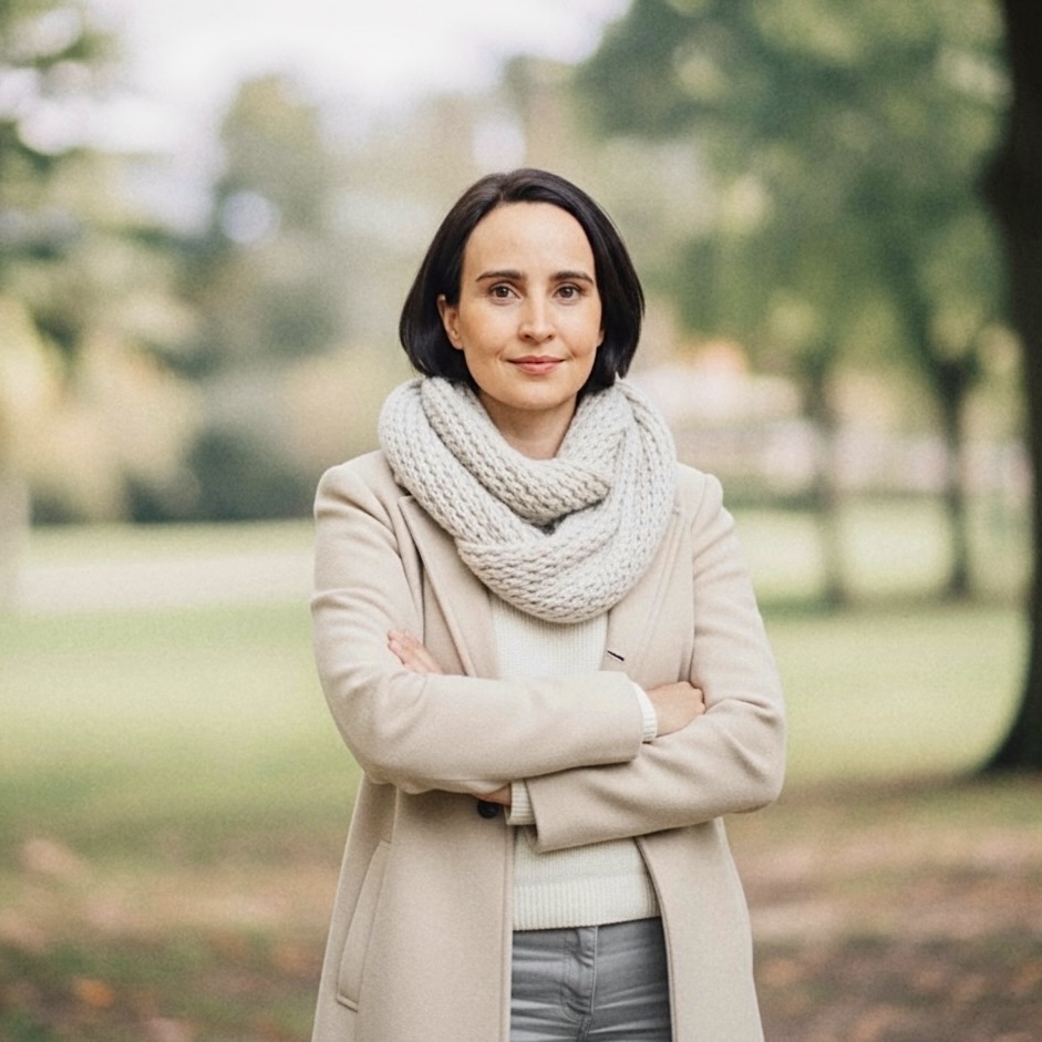 Psicóloga em ambiente claro e acolhedor.